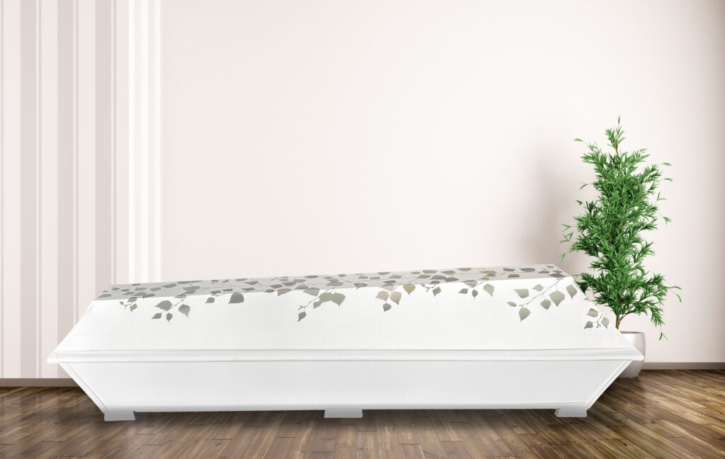 Coffin with a birch illustration