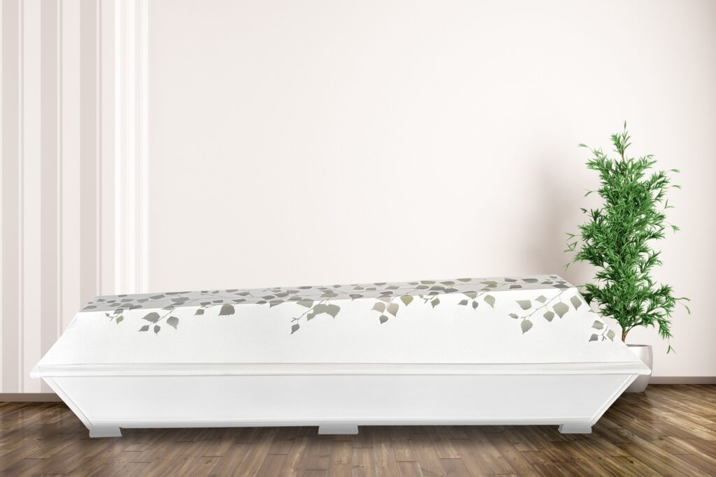 Coffin with a birch illustration
